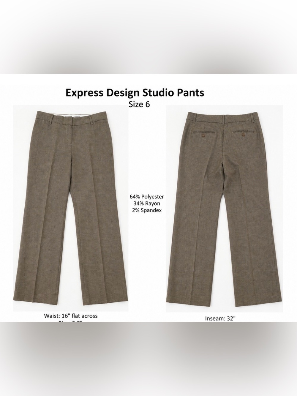 Express Design Studio Dress Pants | Size 6 | Brown Micro Check | Pleated Front